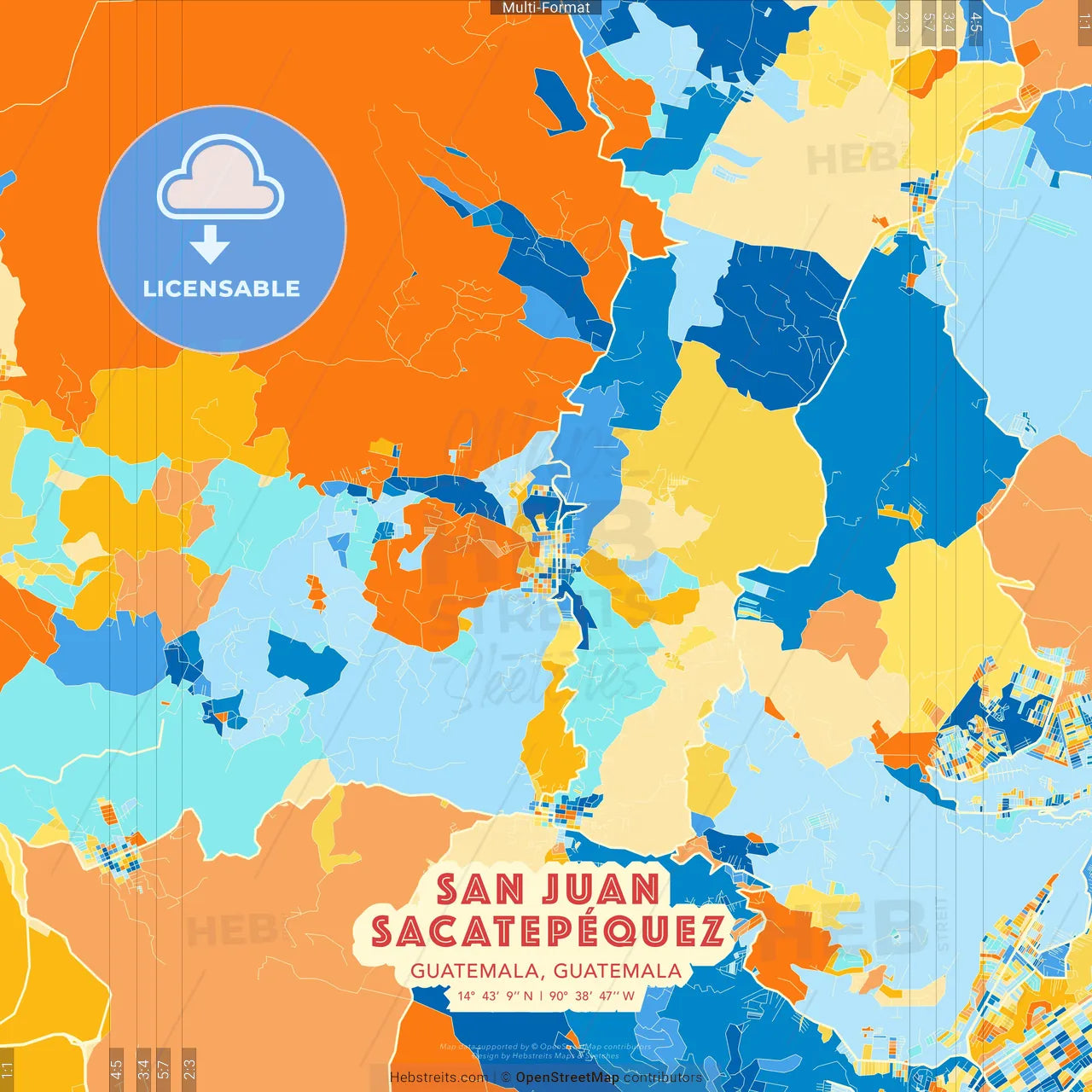 San Juan Sacatepéquez, Guatemala, Guatemala blue and orange vector art map template