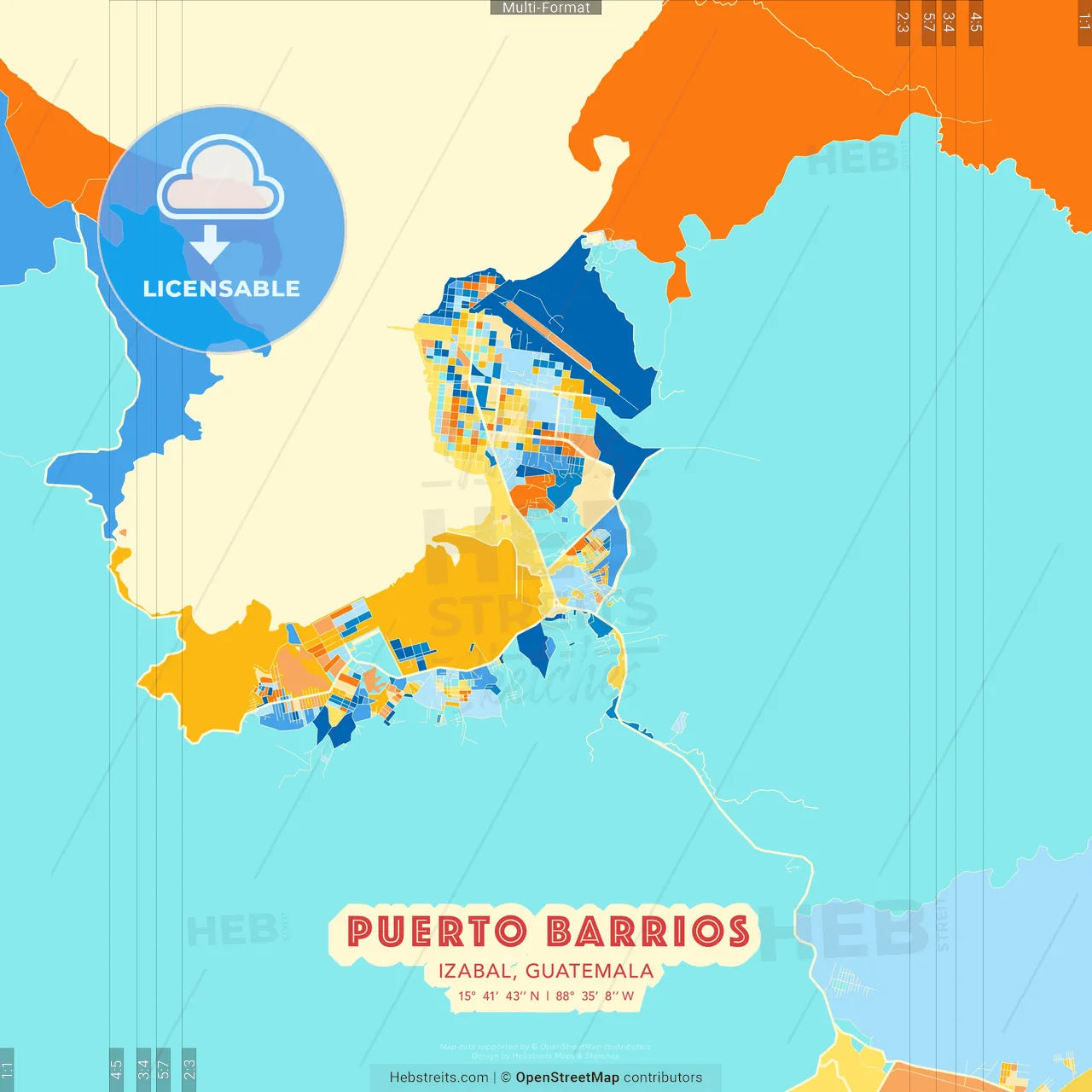 Puerto Barrios, Izabal, Guatemala blue and orange vector art map template