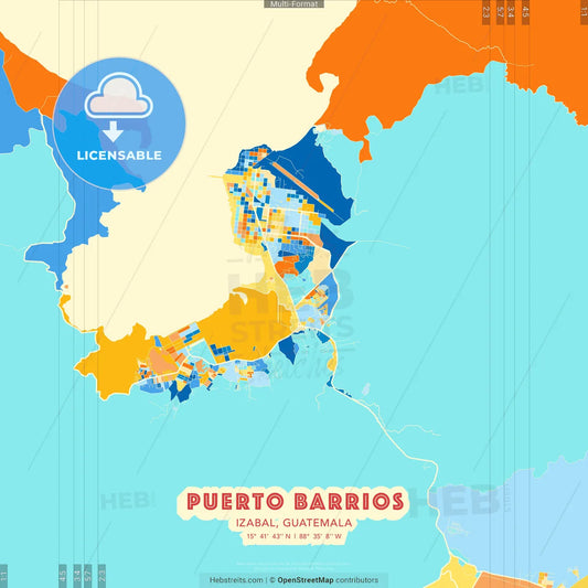Puerto Barrios, Izabal, Guatemala blue and orange vector art map template