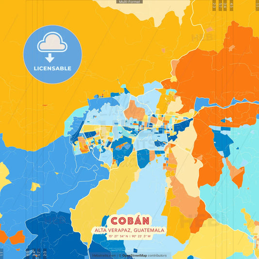 Cobán, Alta Verapaz, Guatemala blue and orange vector art map template