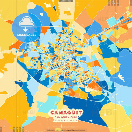 Camagüey, Camagüey, Cuba blue and orange vector art map template