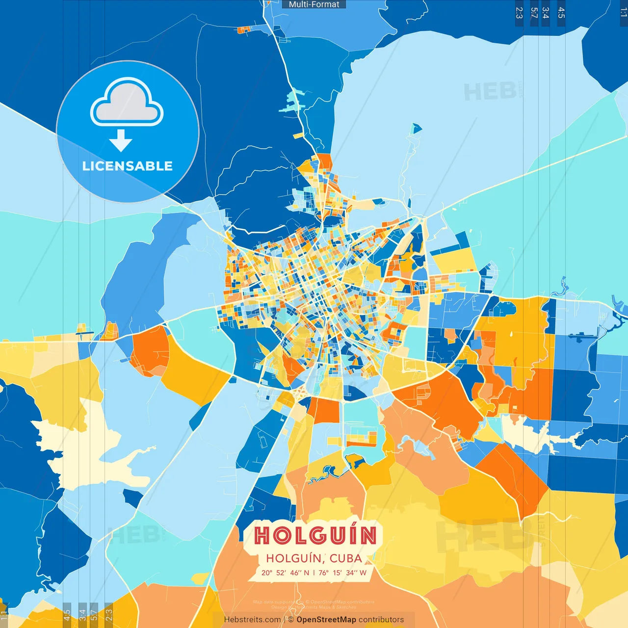 Holguín, Holguín, Cuba blue and orange vector art map template