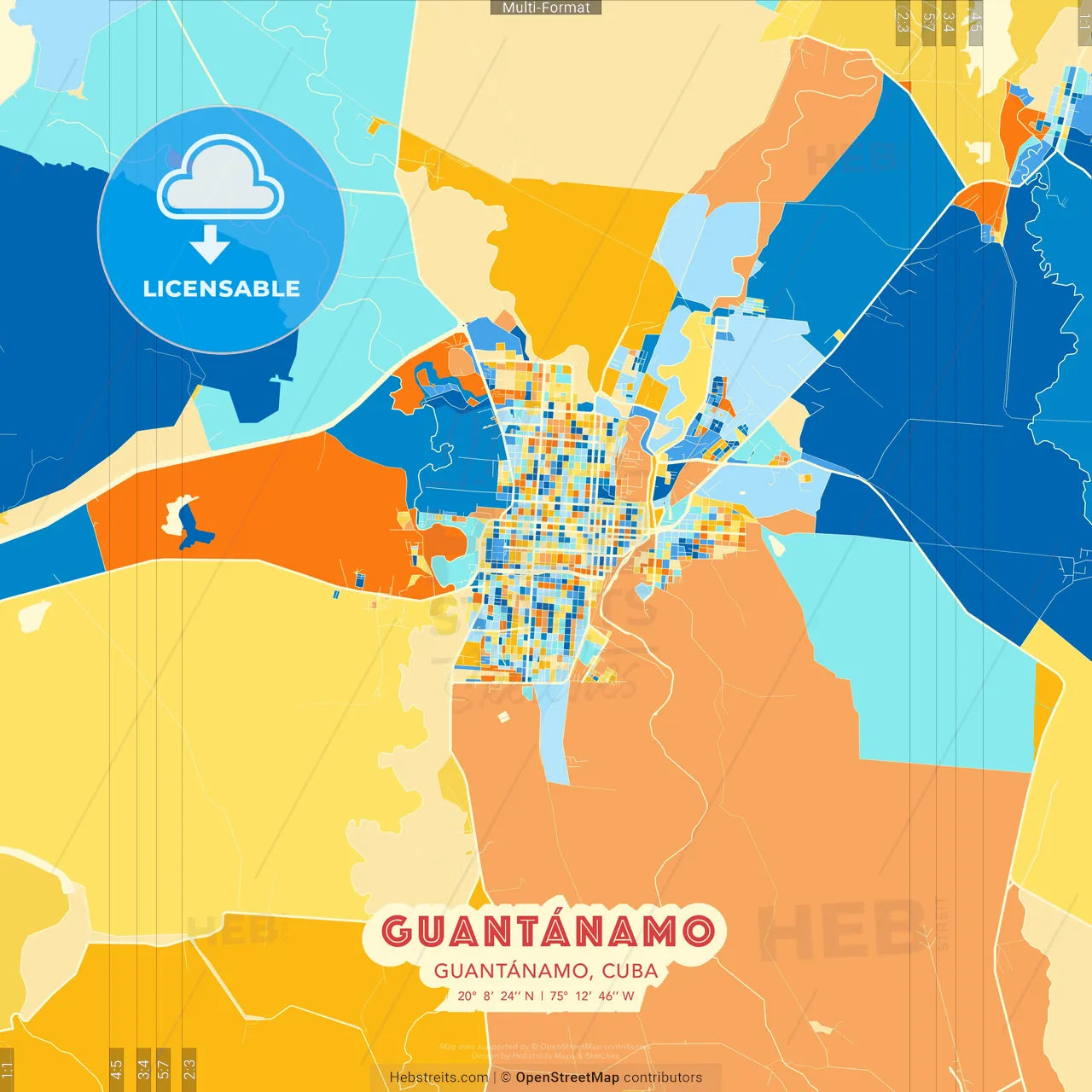 Guantánamo, Guantánamo, Cuba blue and orange vector art map template