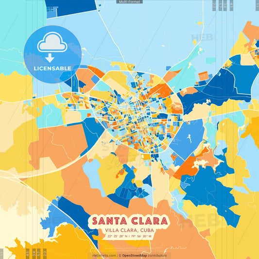 Santa Clara, Villa Clara, Cuba blue and orange vector art map template