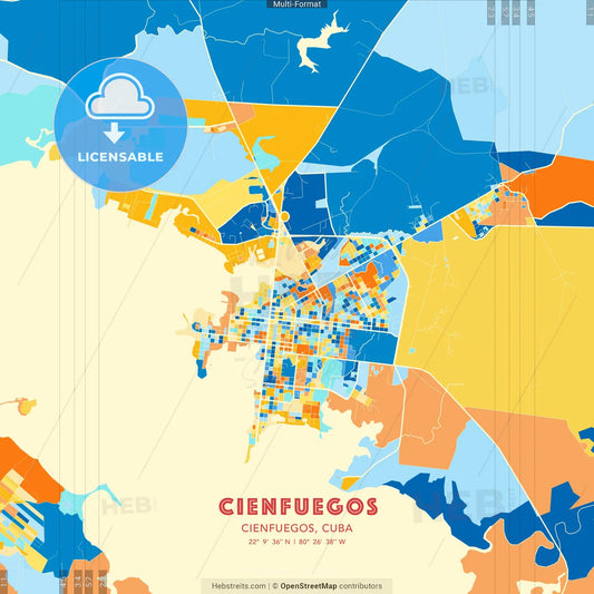 Cienfuegos, Cienfuegos, Cuba blue and orange vector art map template