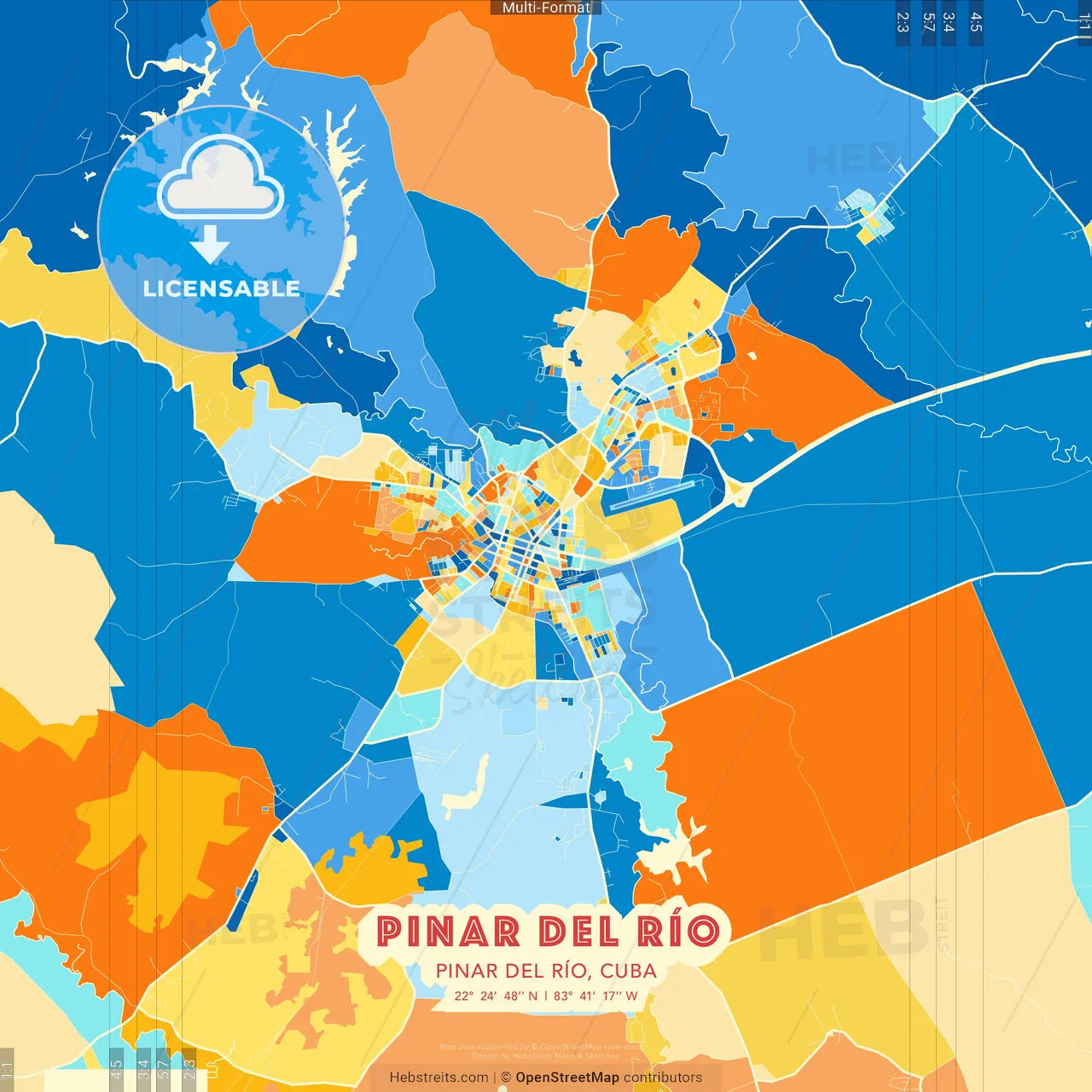 Pinar del Río, Pinar del Río, Cuba blue and orange vector art map template