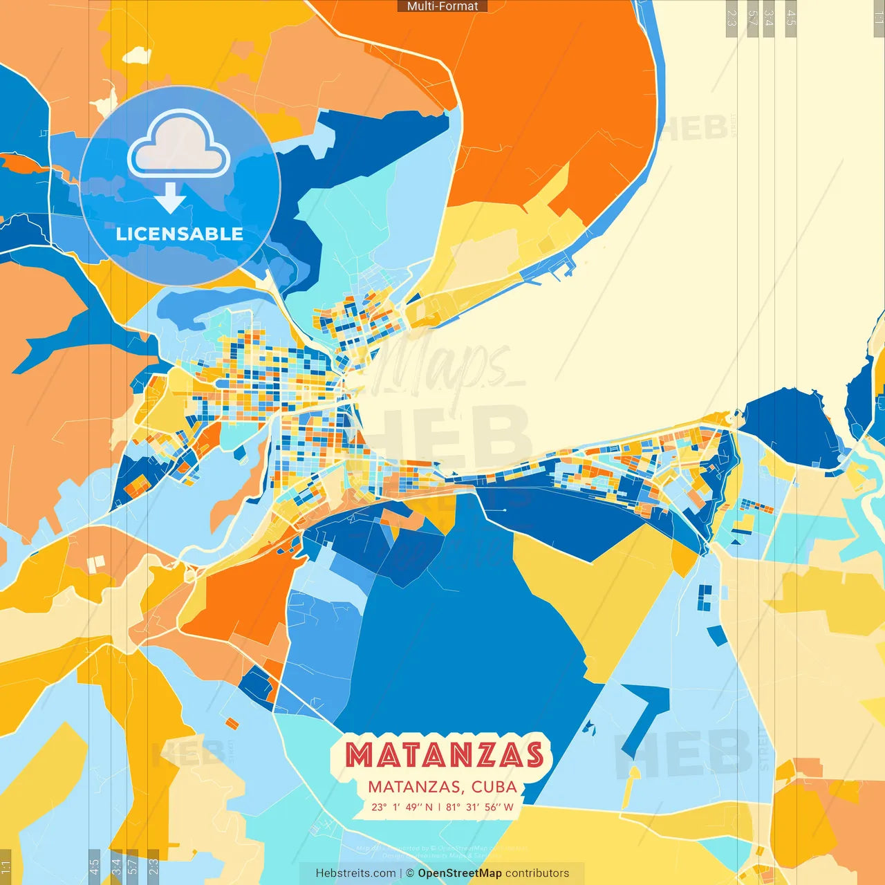 Matanzas, Matanzas, Cuba blue and orange vector art map template