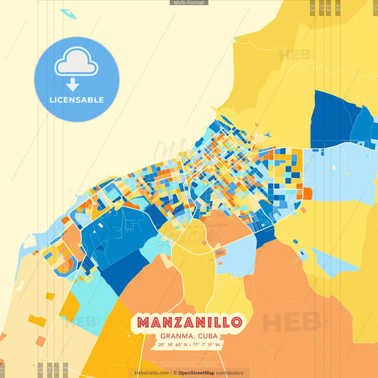 Manzanillo, Granma, Cuba blue and orange vector art map template