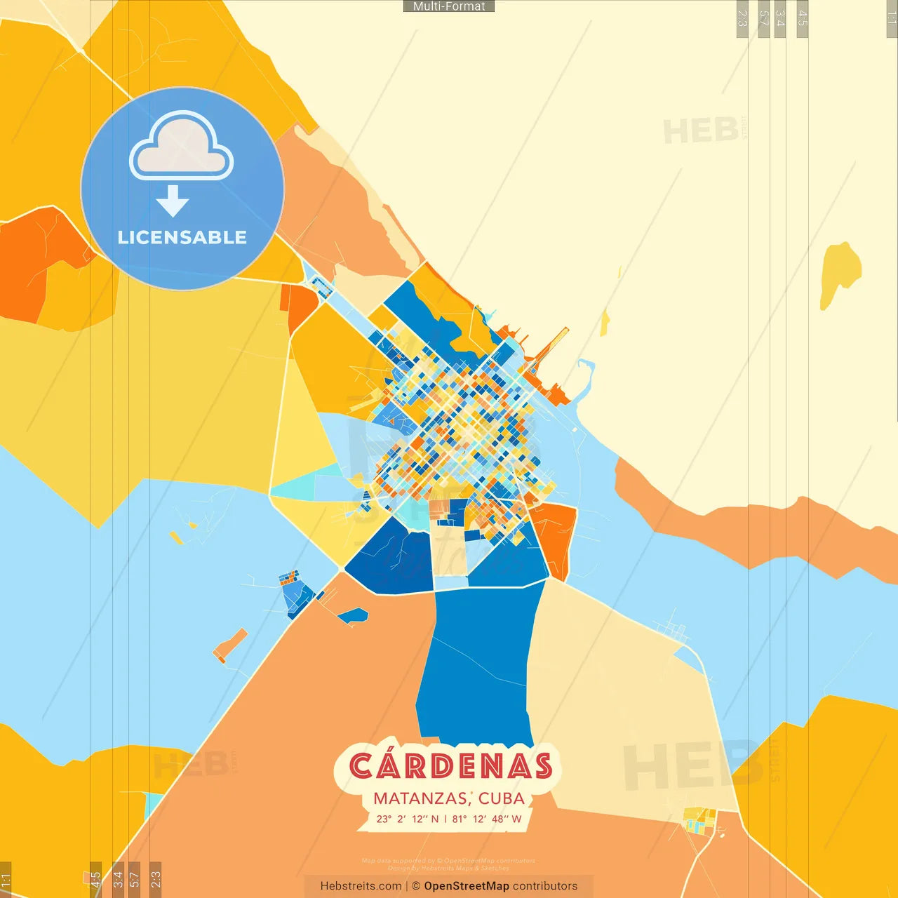 Cárdenas, Matanzas, Cuba blue and orange vector art map template