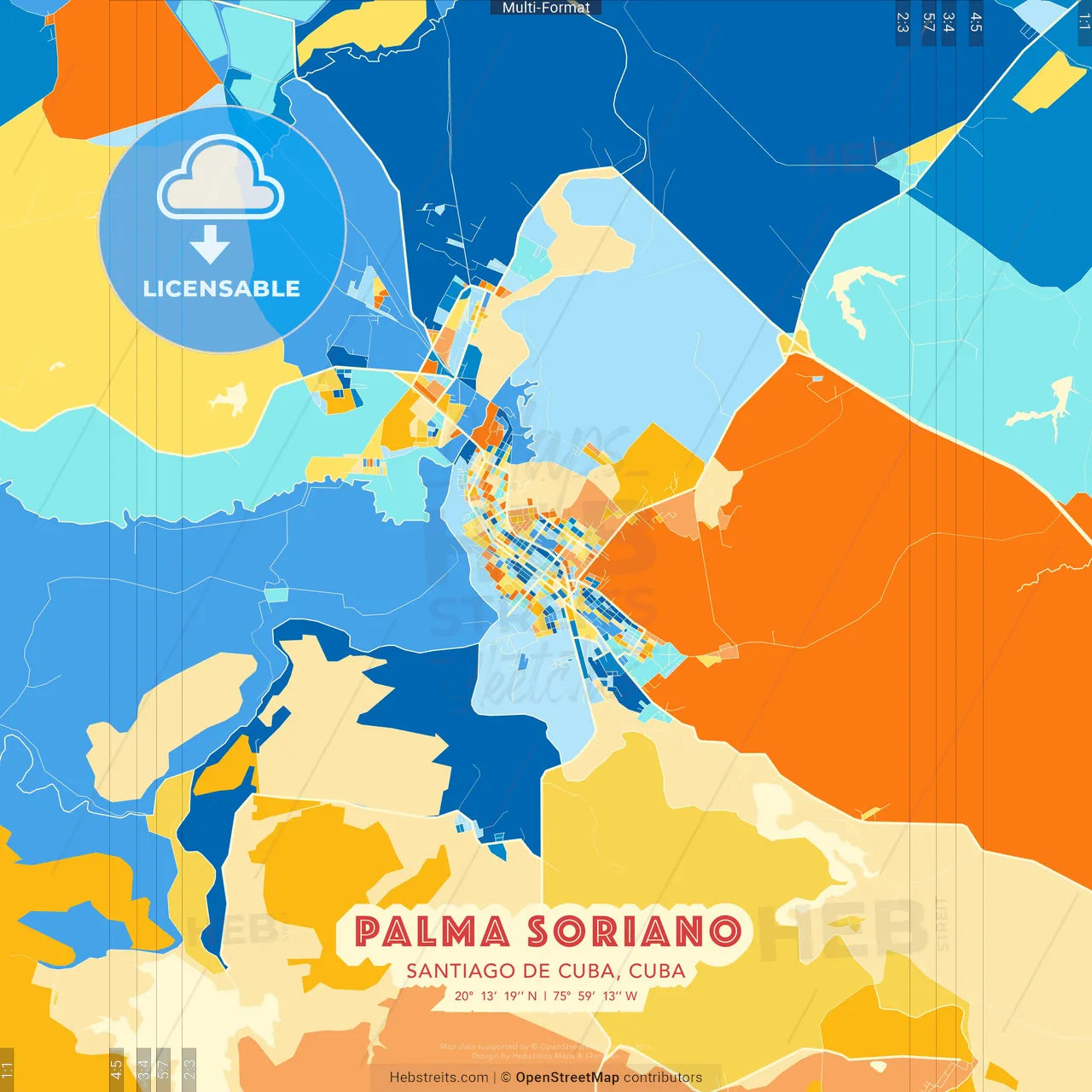 Palma Soriano, Santiago de Cuba, Cuba blue and orange vector art map template