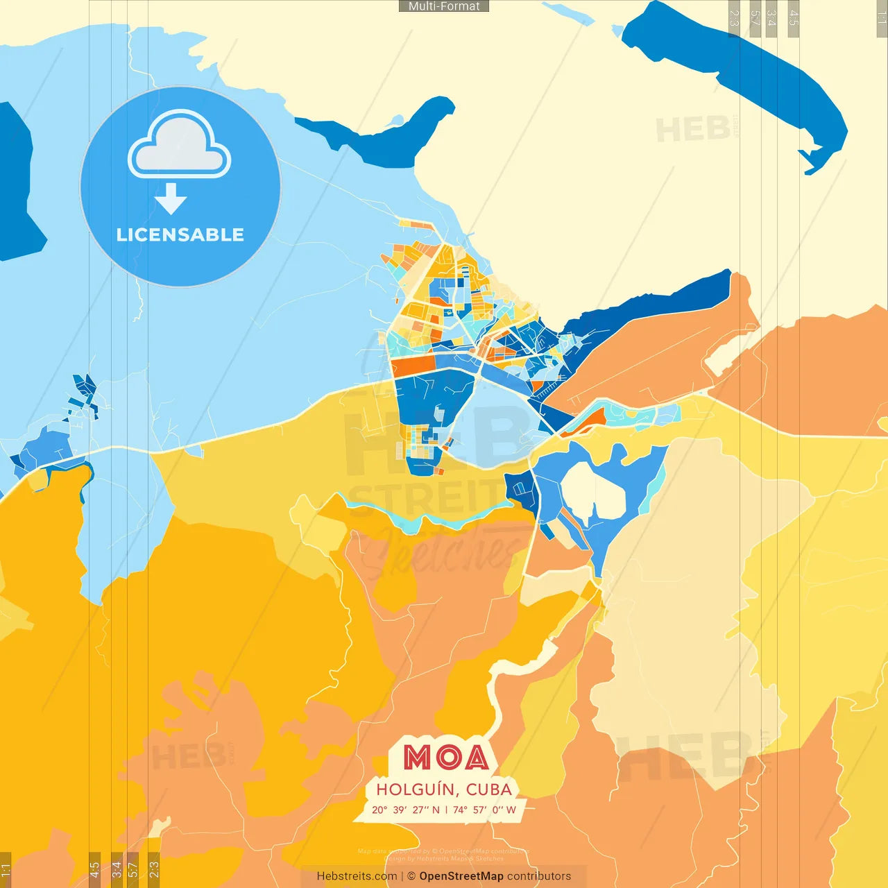 Moa, Holguín, Cuba blue and orange vector art map template