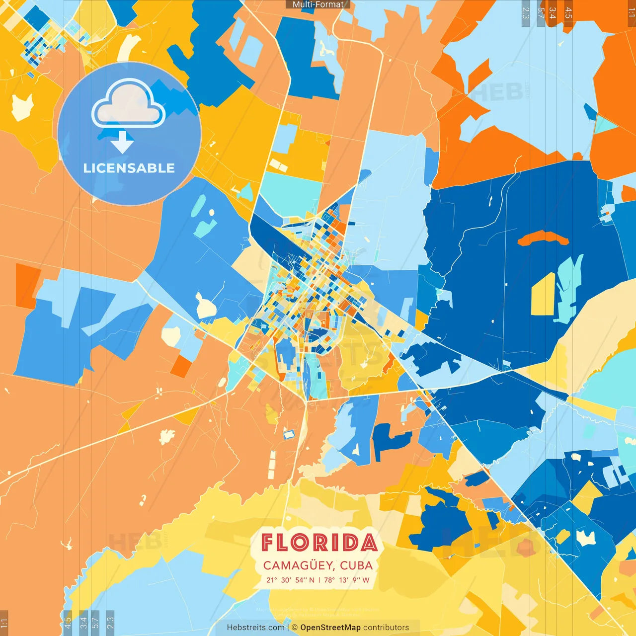 Florida, Camagüey, Cuba blue and orange vector art map template