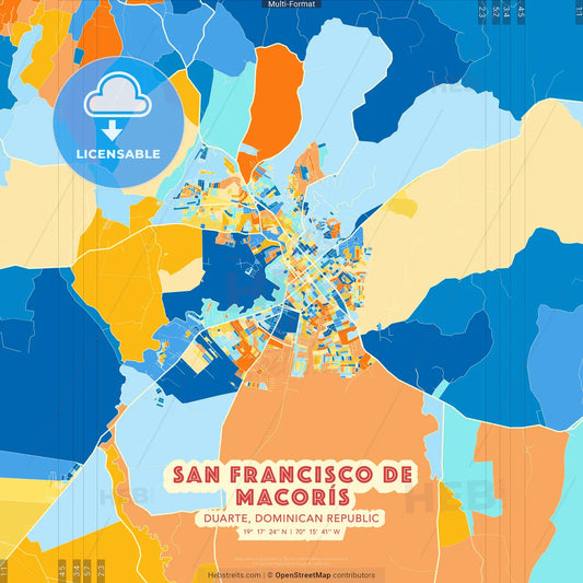 San Francisco de Macorís, Duarte, Dominican Republic blue and orange vector art map template