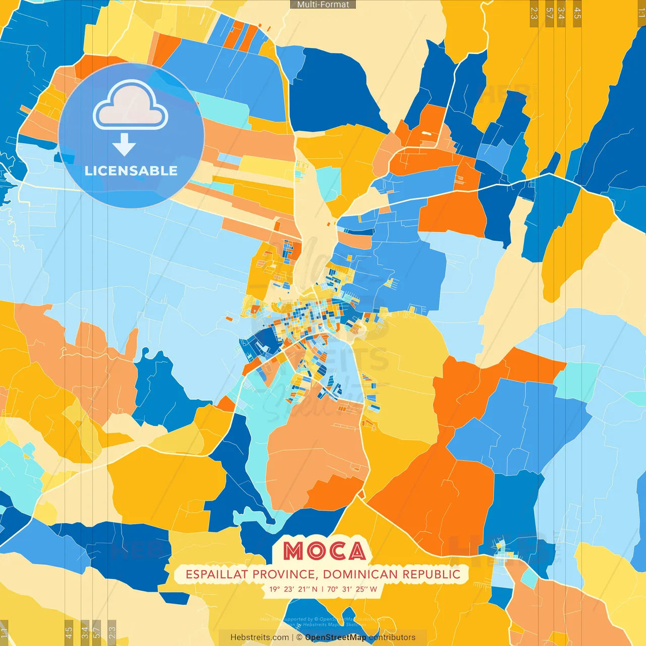 Moca, Espaillat Province, Dominican Republic blue and orange vector art map template