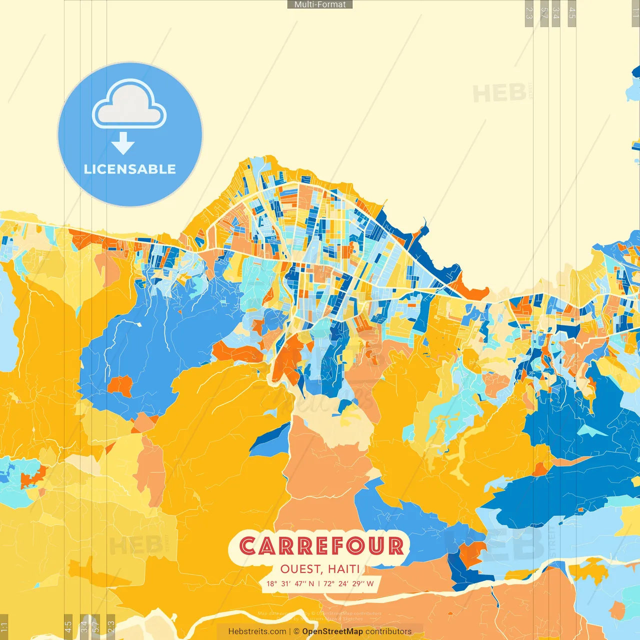 Carrefour, Ouest, Haiti blue and orange vector art map template