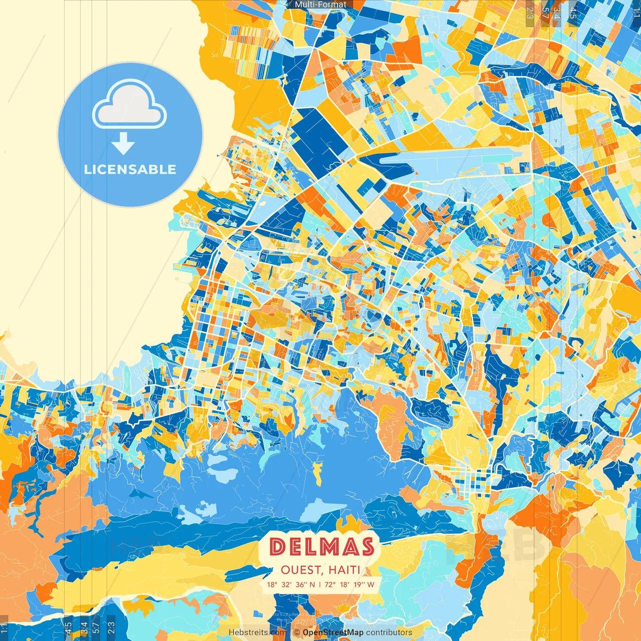 Delmas, Ouest, Haiti blue and orange vector art map template