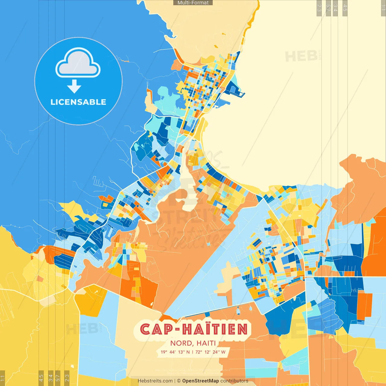 Cap-Haïtien, Nord, Haiti blue and orange vector art map template