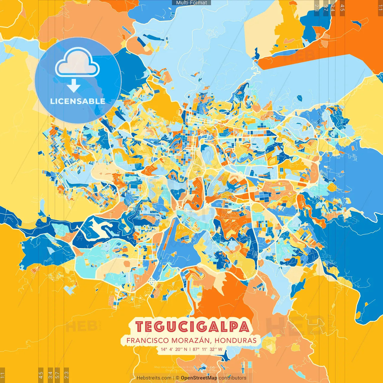 Tegucigalpa, Francisco Morazán, Honduras blue and orange vector art map template