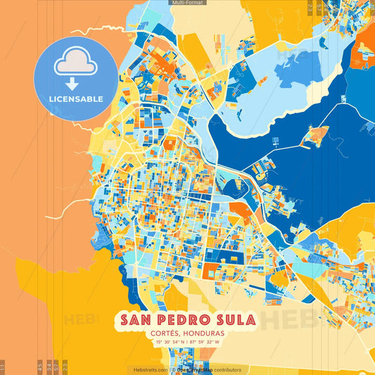 San Pedro Sula, Cortés, Honduras blue and orange vector art map template
