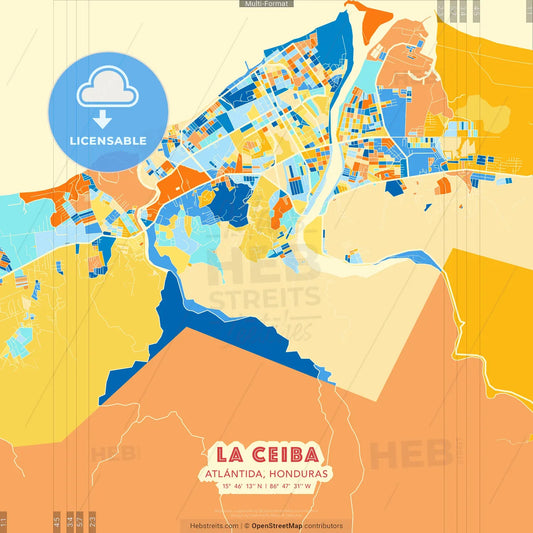 La Ceiba, Atlántida, Honduras blue and orange vector art map template