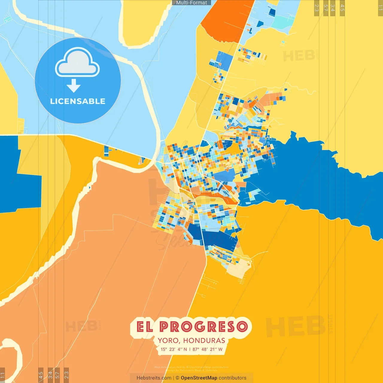 El Progreso, Yoro, Honduras blue and orange vector art map template