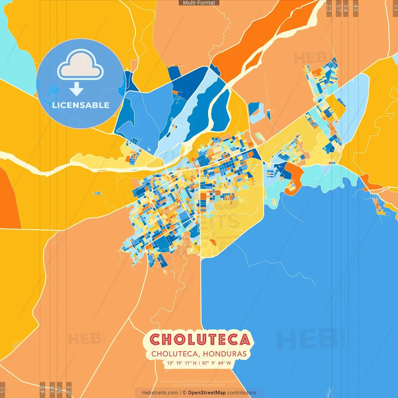 Choluteca, Choluteca, Honduras blue and orange vector art map template