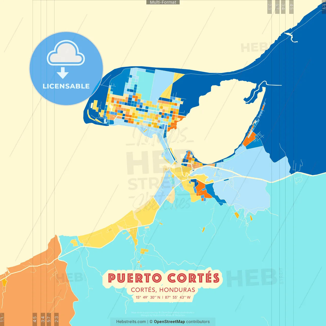Puerto Cortés, Cortés, Honduras blue and orange vector art map template