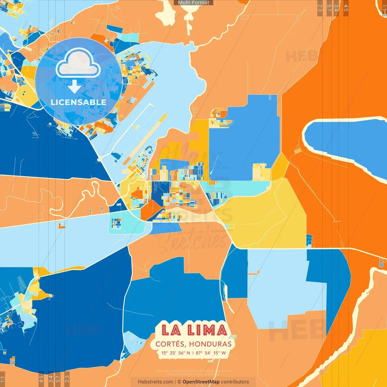 La Lima, Cortés, Honduras blue and orange vector art map template