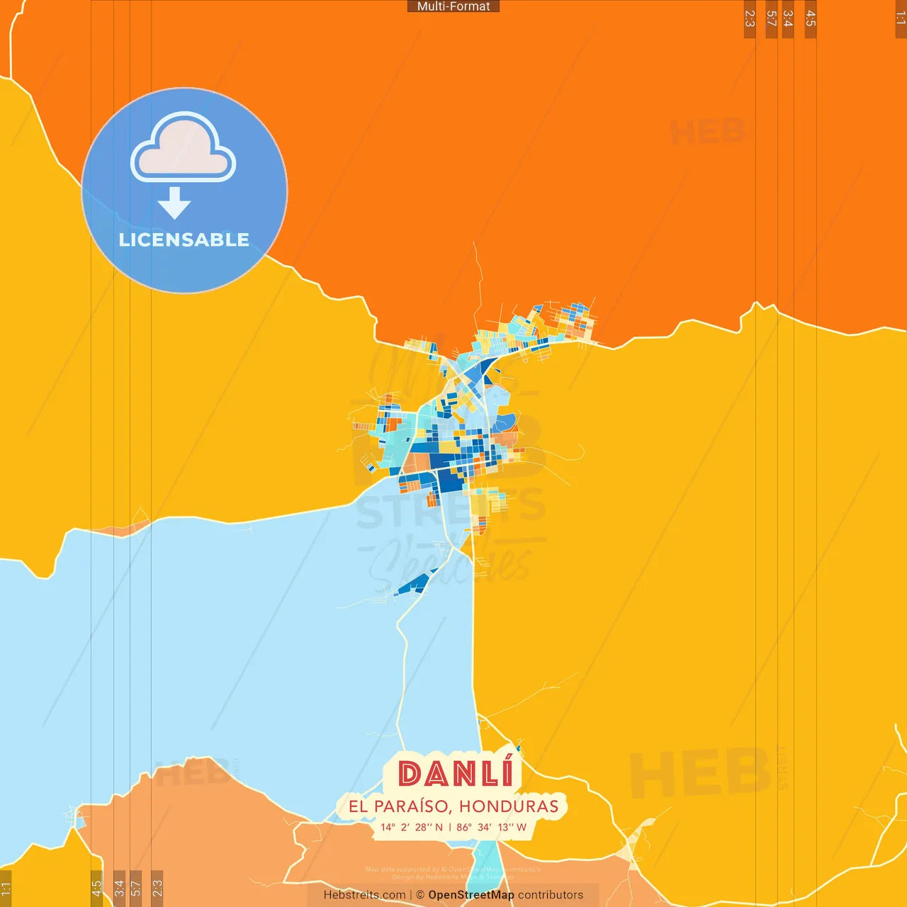 Danlí, El Paraíso, Honduras blue and orange vector art map template