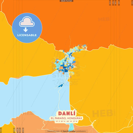 Danlí, El Paraíso, Honduras blue and orange vector art map template