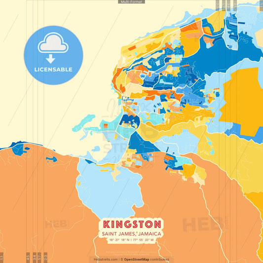 Kingston, Saint James, Jamaica blue and orange vector art map template