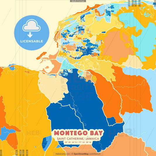 Montego Bay, Saint Catherine, Jamaica blue and orange vector art map template