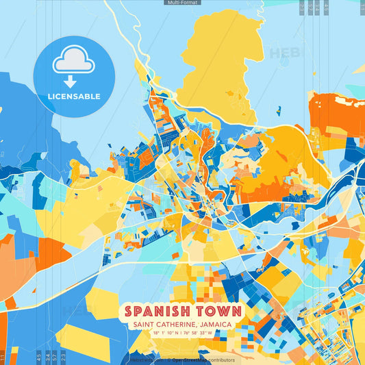 Spanish Town, Saint Catherine, Jamaica blue and orange vector art map template
