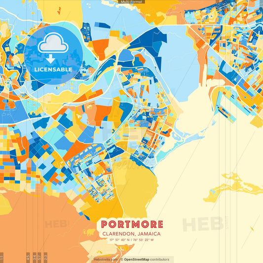 Portmore, Clarendon, Jamaica blue and orange vector art map template