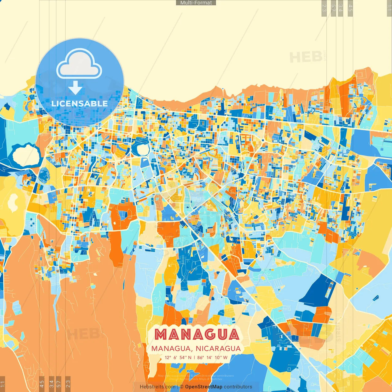 Managua, Managua, Nicaragua blue and orange vector art map template