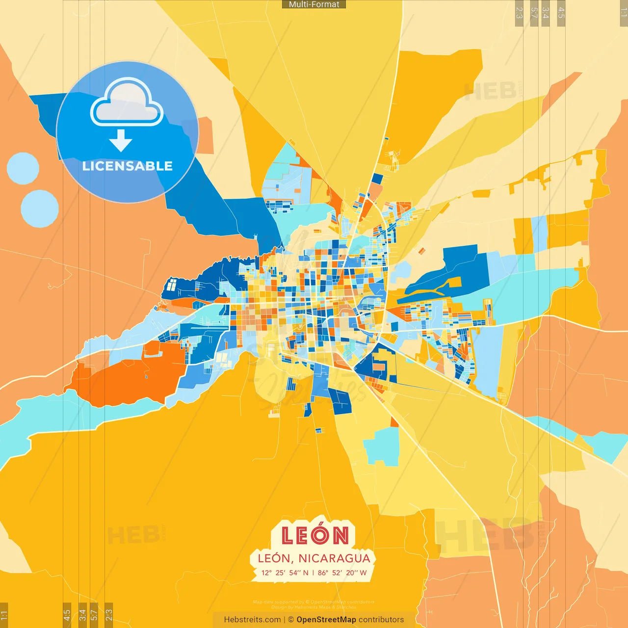 León, León, Nicaragua blue and orange vector art map template