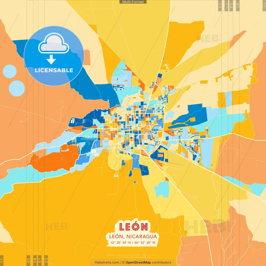 León, León, Nicaragua blue and orange vector art map template