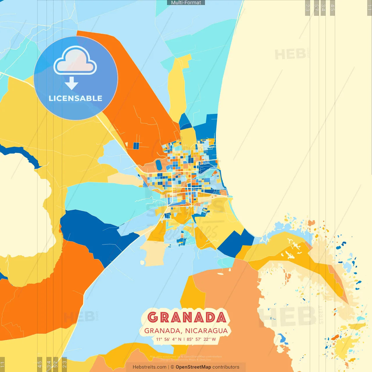 Granada, Granada, Nicaragua blue and orange vector art map template