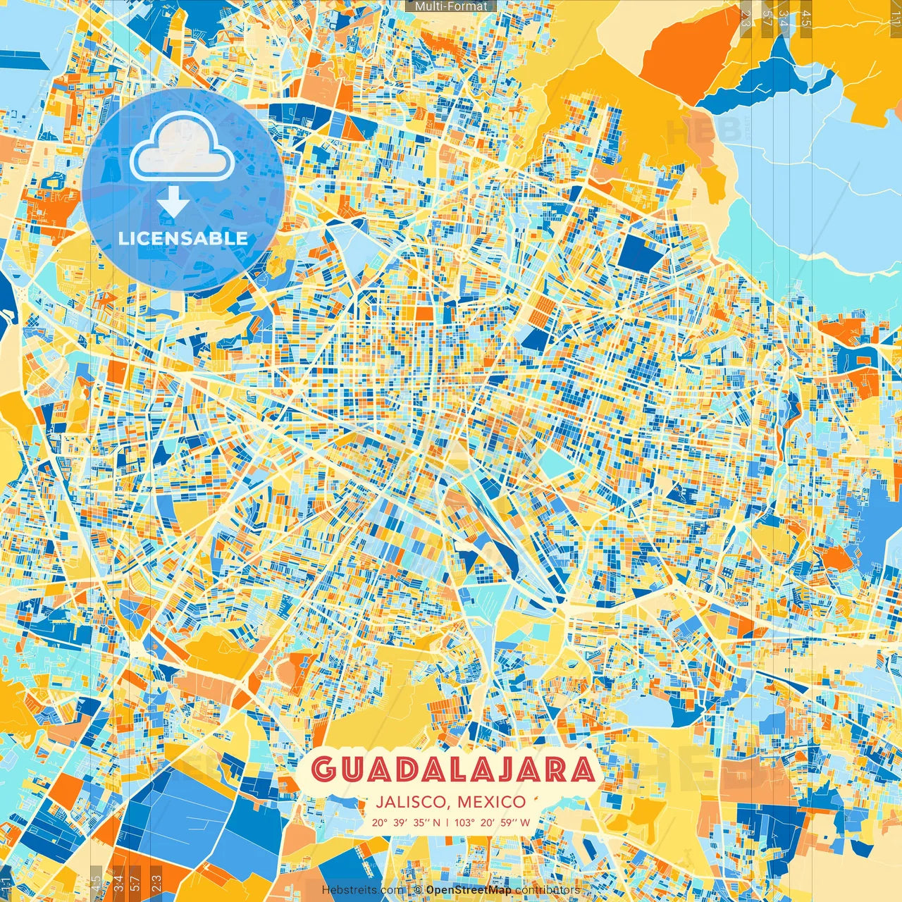 Guadalajara, Jalisco, Mexico blue and orange vector art map template