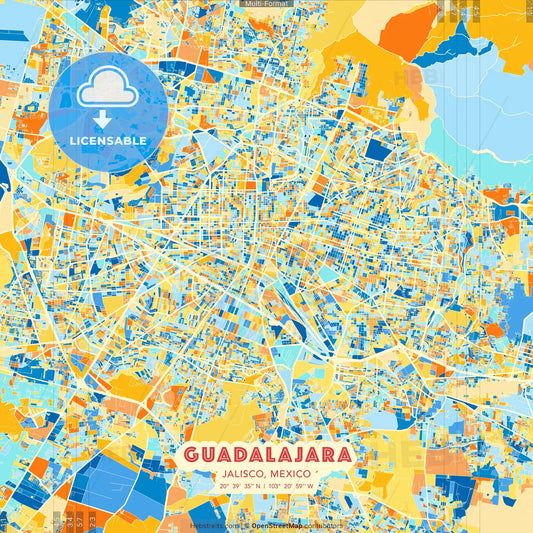 Guadalajara, Jalisco, Mexico blue and orange vector art map template