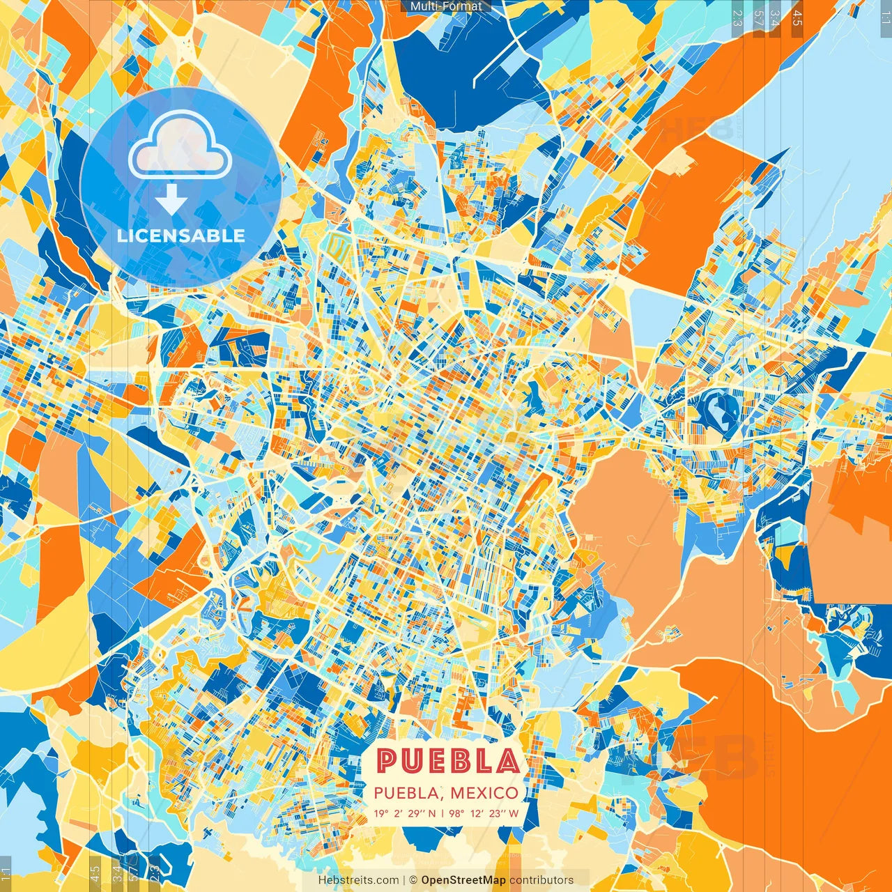 Puebla, Puebla, Mexico blue and orange vector art map template