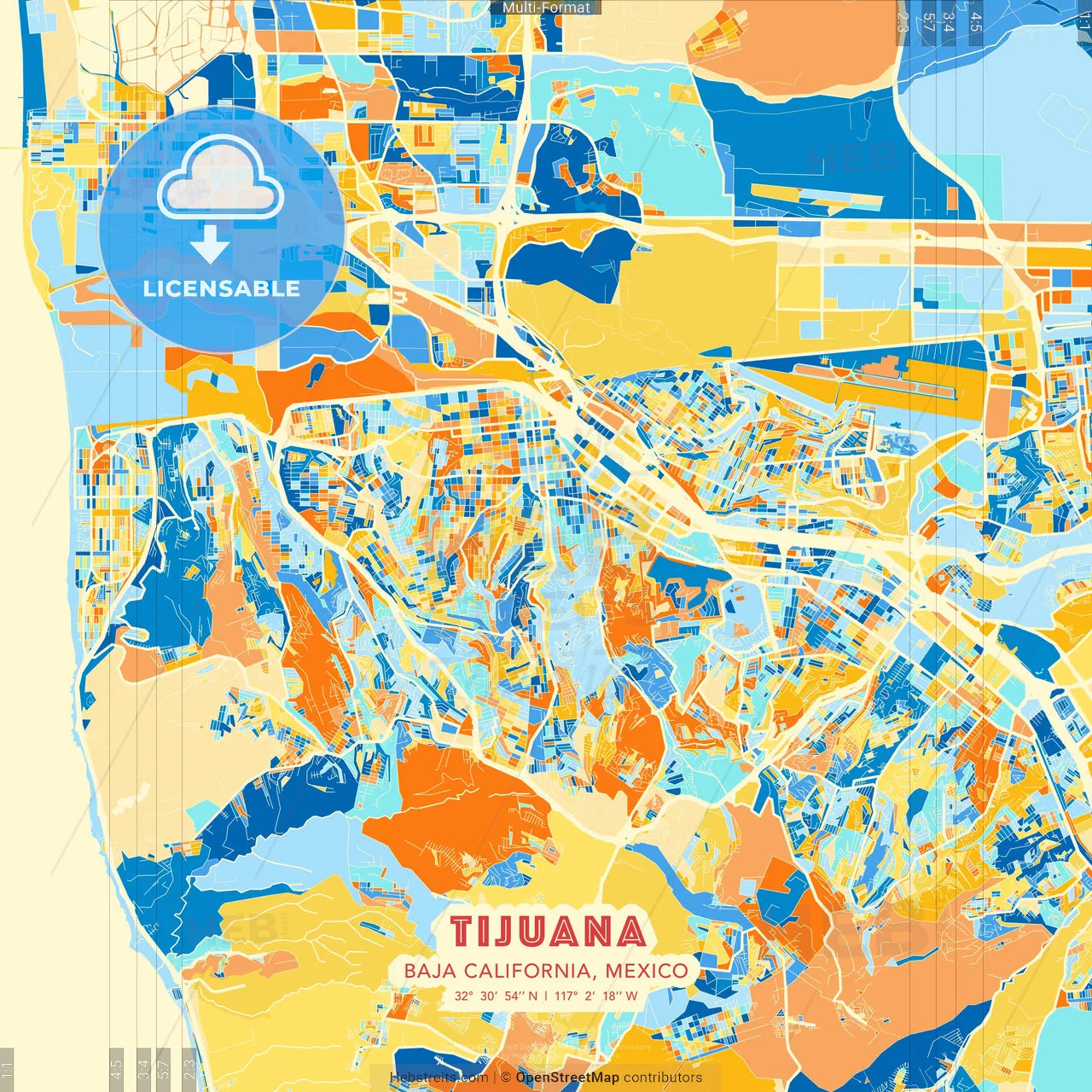 Tijuana, Baja California, Mexico blue and orange vector art map template