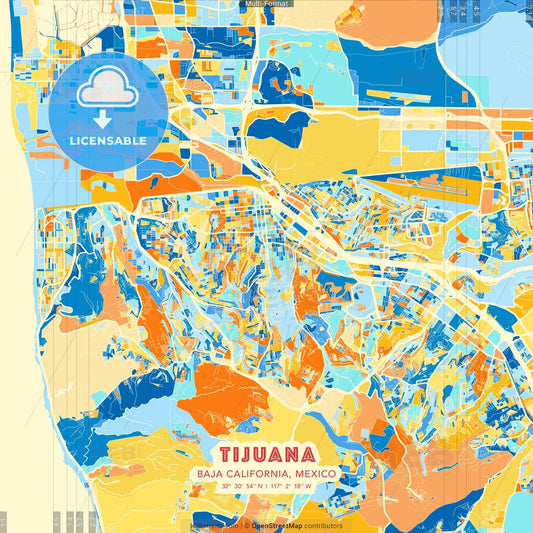 Tijuana, Baja California, Mexico blue and orange vector art map template