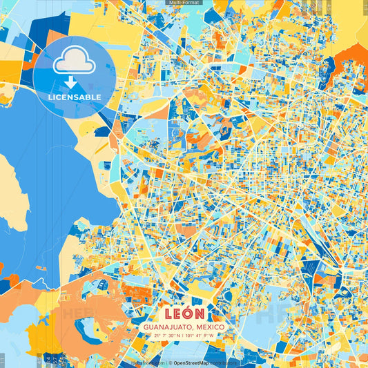 León, Guanajuato, Mexico blue and orange vector art map template
