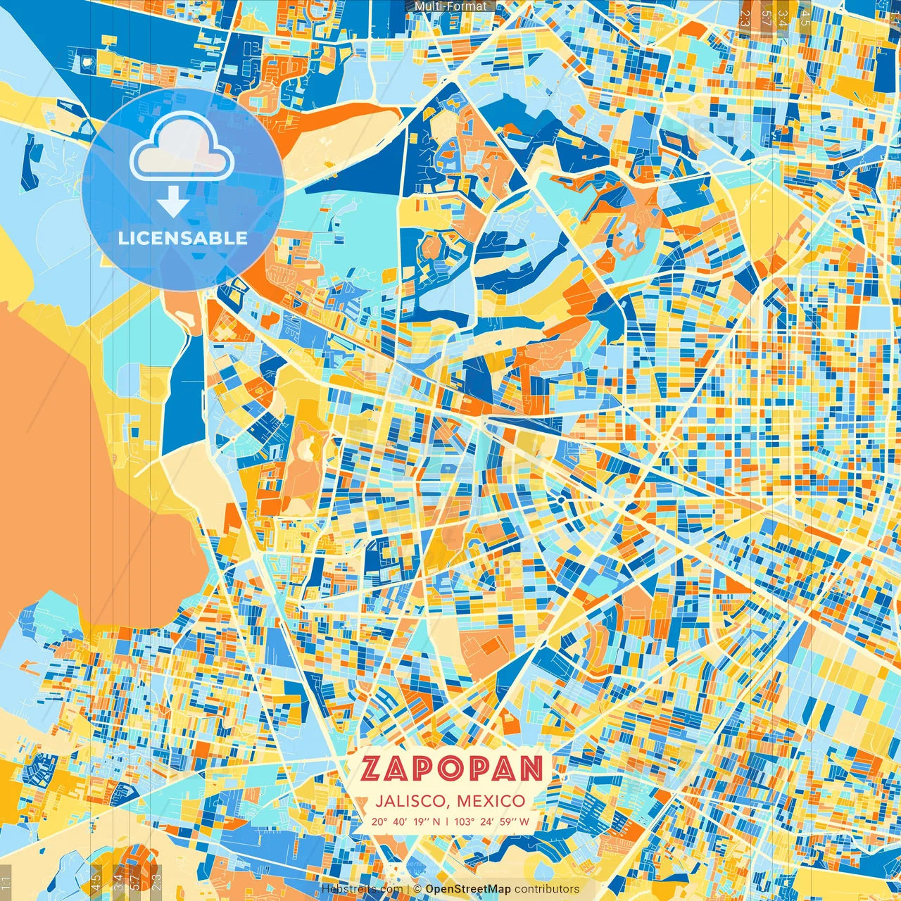 Zapopan, Jalisco, Mexico blue and orange vector art map template
