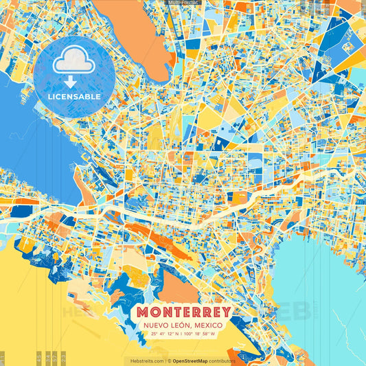 Monterrey, Nuevo León, Mexico blue and orange vector art map template