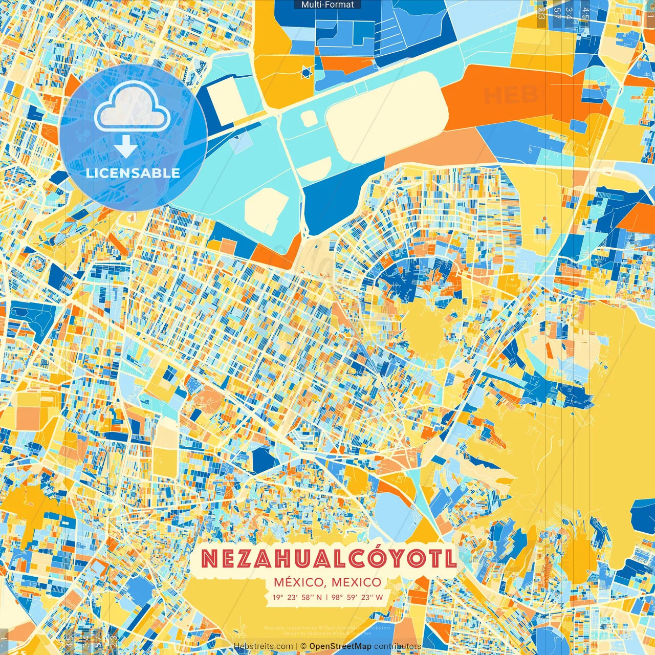 Nezahualcóyotl, México, Mexico blue and orange vector art map template
