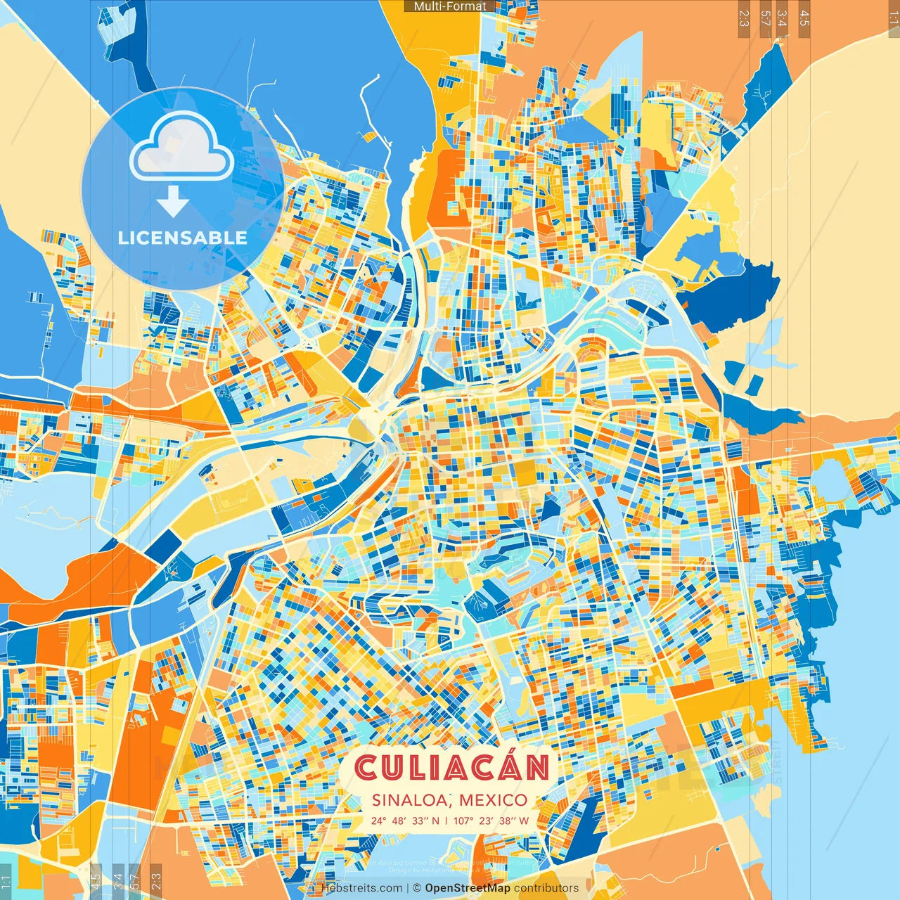 Culiacán, Sinaloa, Mexico blue and orange vector art map template