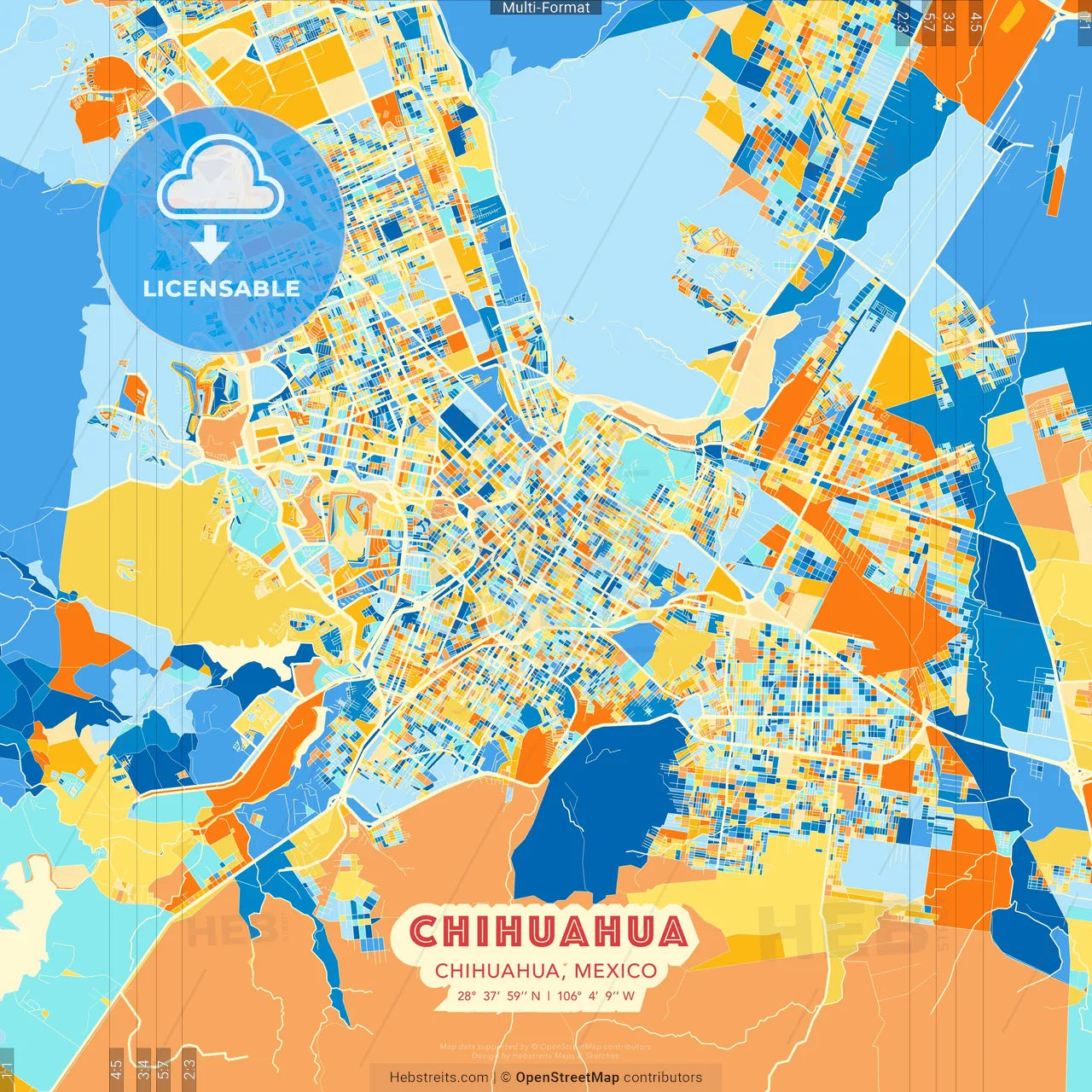 Chihuahua, Chihuahua, Mexico blue and orange vector art map template