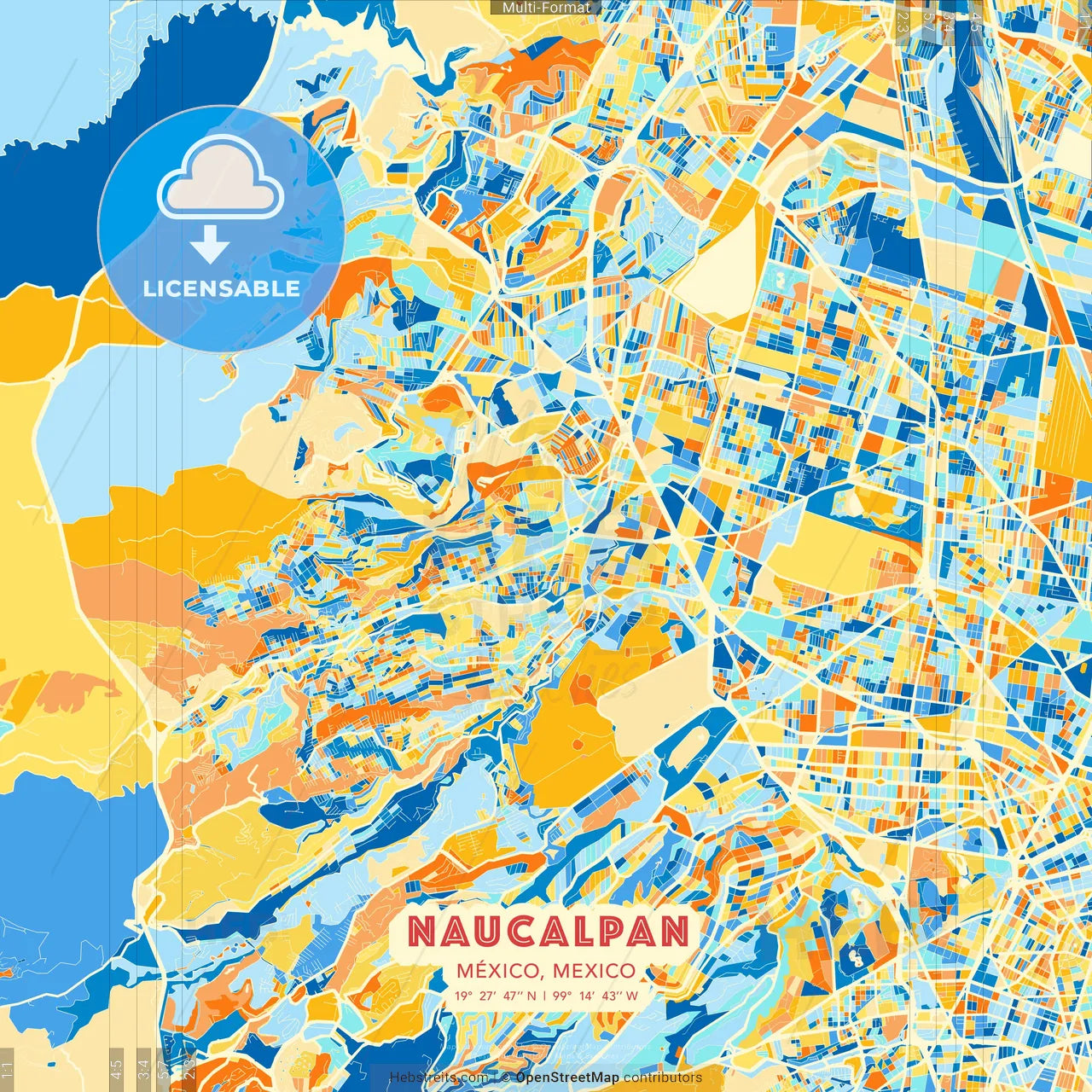 Naucalpan, México, Mexico blue and orange vector art map template